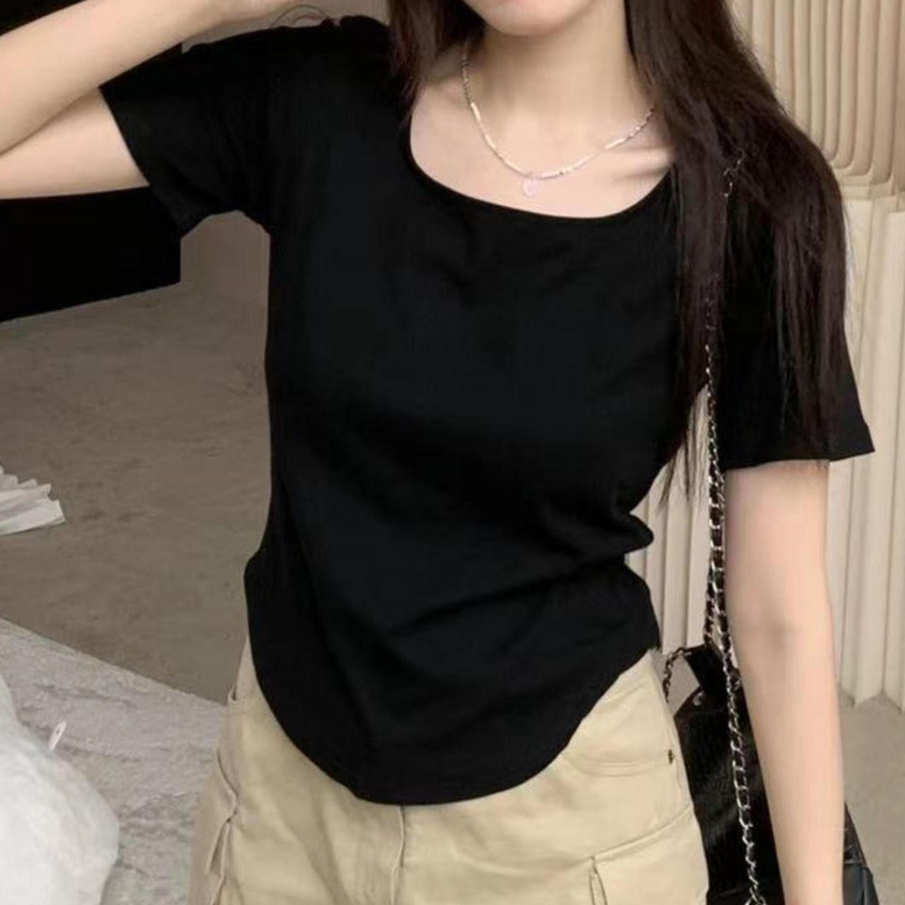 Large size fat mm front shoulder square neckline irregular T-shirt 2025 summer belly covering and thin top
