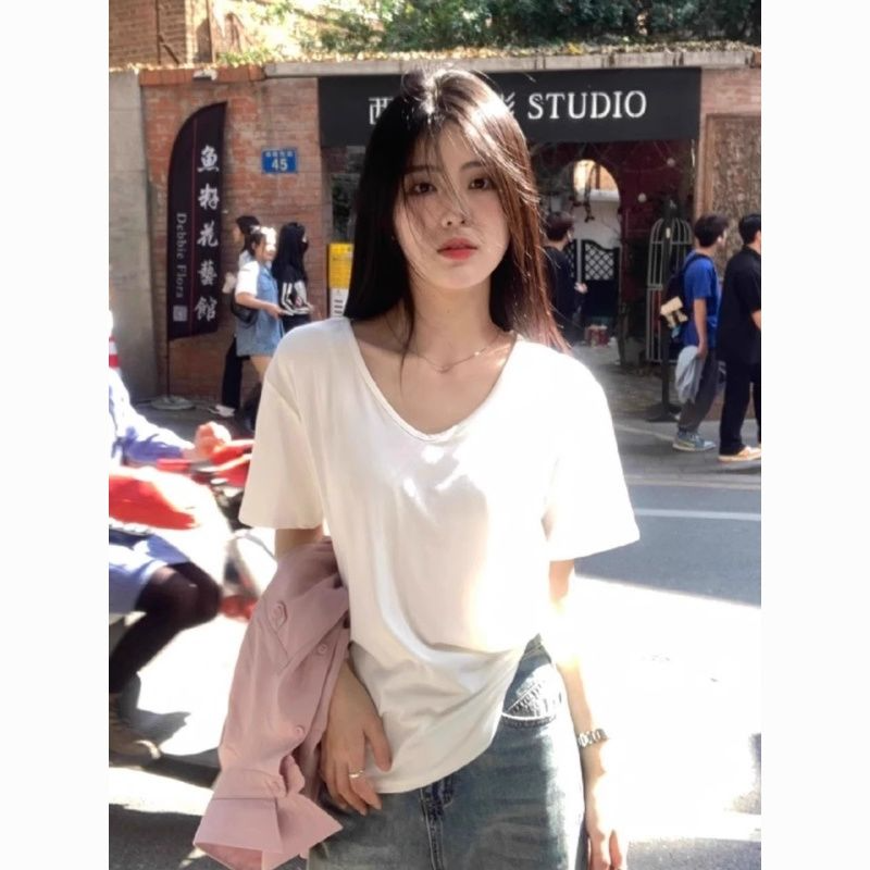 White shoulder V-neck short-sleeved T-shirt women's summer loose lazy style chic base casual versatile clothes