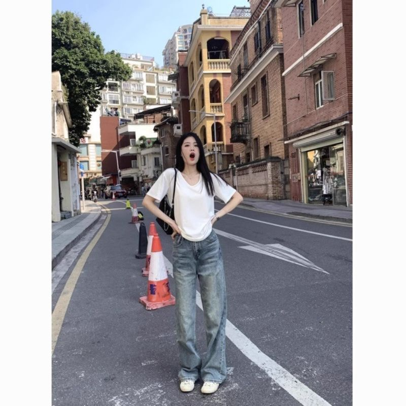 White shoulder V-neck short-sleeved T-shirt women's summer loose lazy style chic base casual versatile clothes