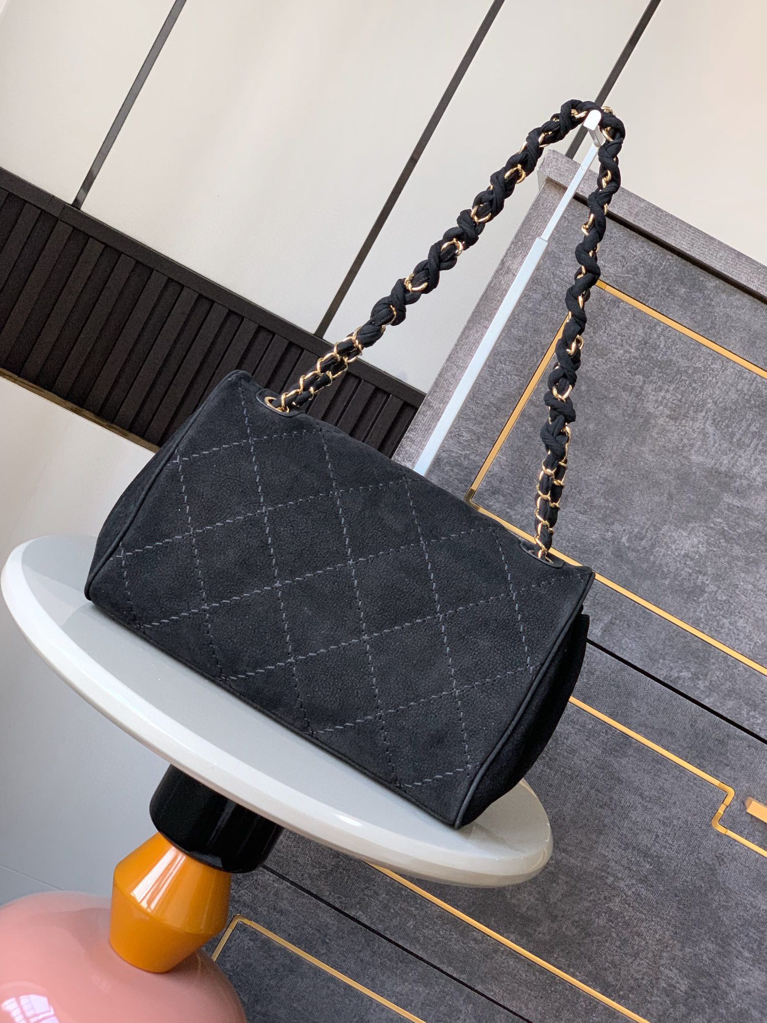 Chanel Fried Dough Twists chain hobo suede underarm bag black