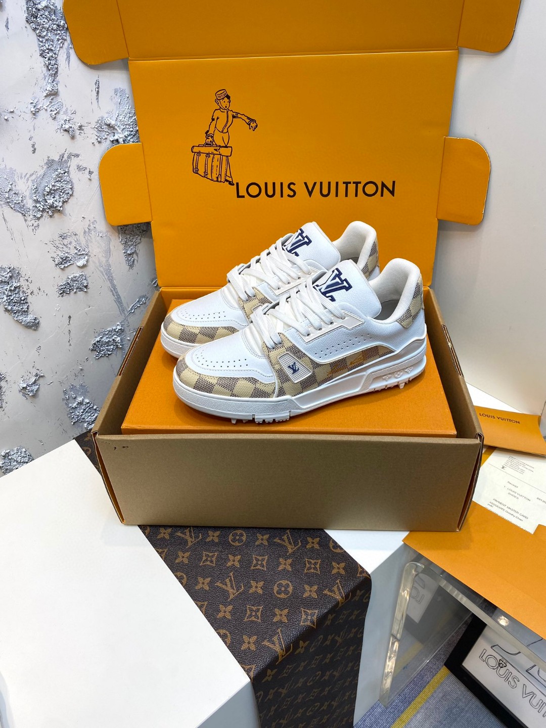Louis Vuitton X Tyler Trainer Golf Palm Pattern Sneakers apricot