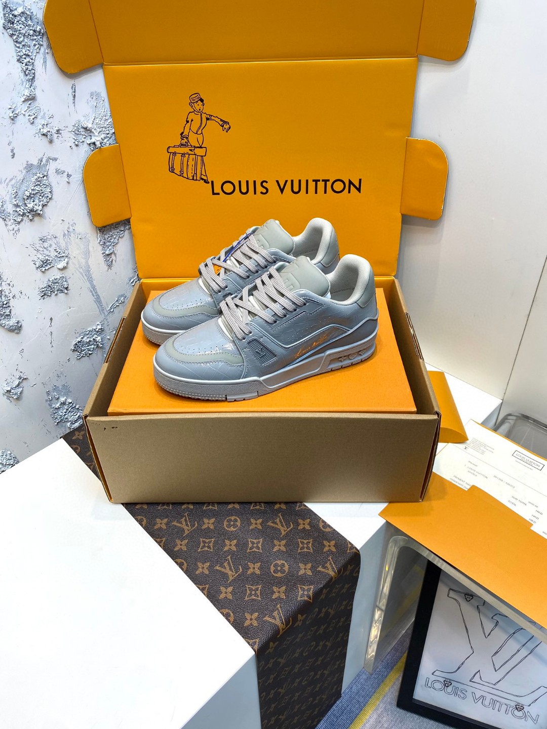 Louis Vuitton X Tyler Trainer crocodile patterned sneakers grey