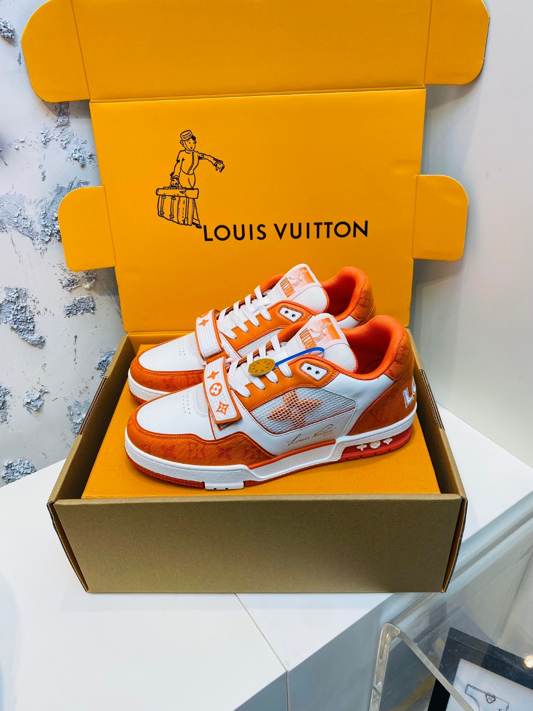 Louis Vuitton Trainer denim sneakers white orange