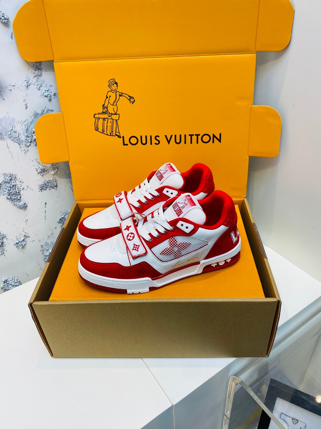 Louis Vuitton Trainer denim sneakers white red