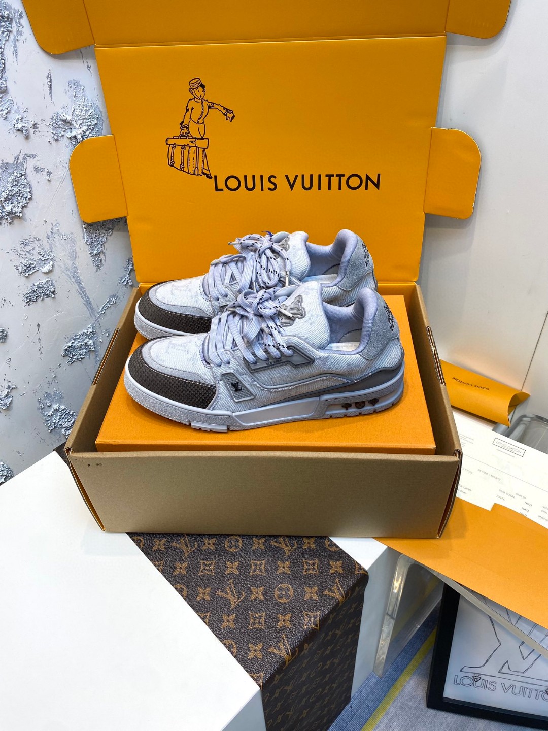 Louis Vuitton X Tyler Trainer washed printed sneakers grey