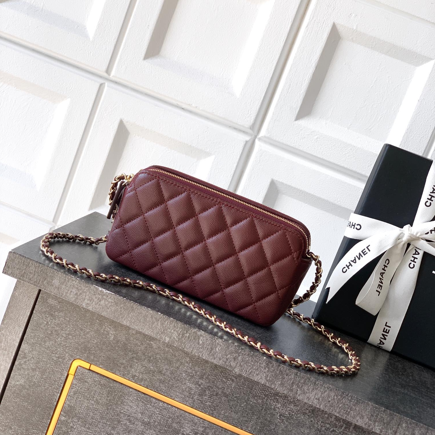 Chanel 25k Rhinestone chain bag Wine Red