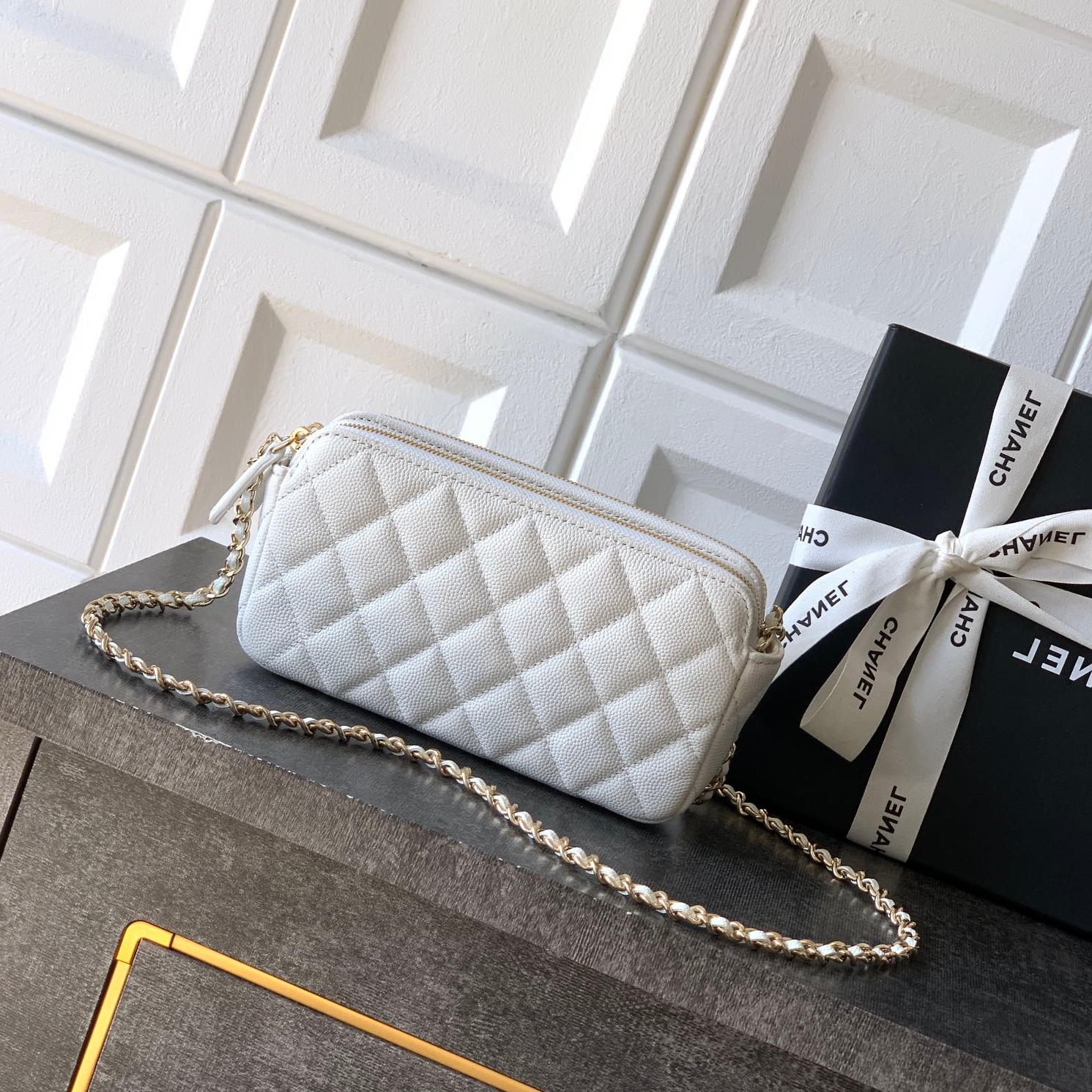 Chanel 25k Rhinestone chain bag White