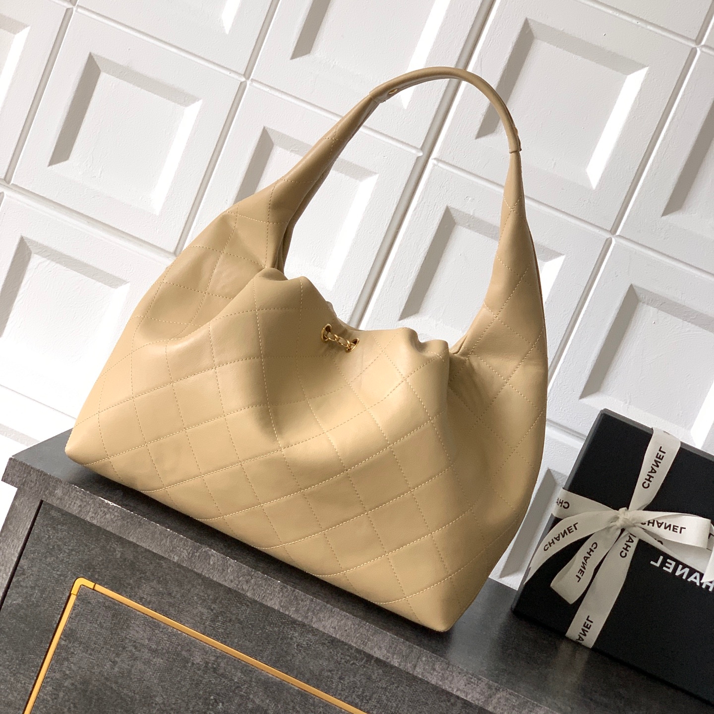 Chanel 26C cloud  leather  hobo bag Apricot