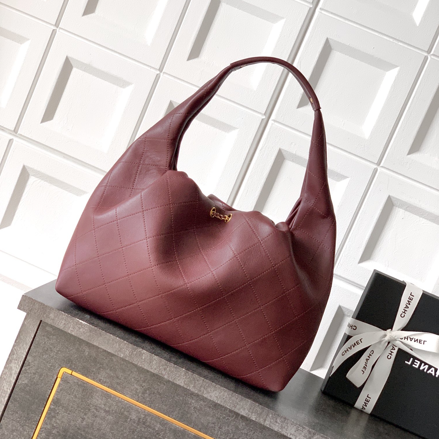 Chanel 26C cloud  leather  hobo bag Wine Red