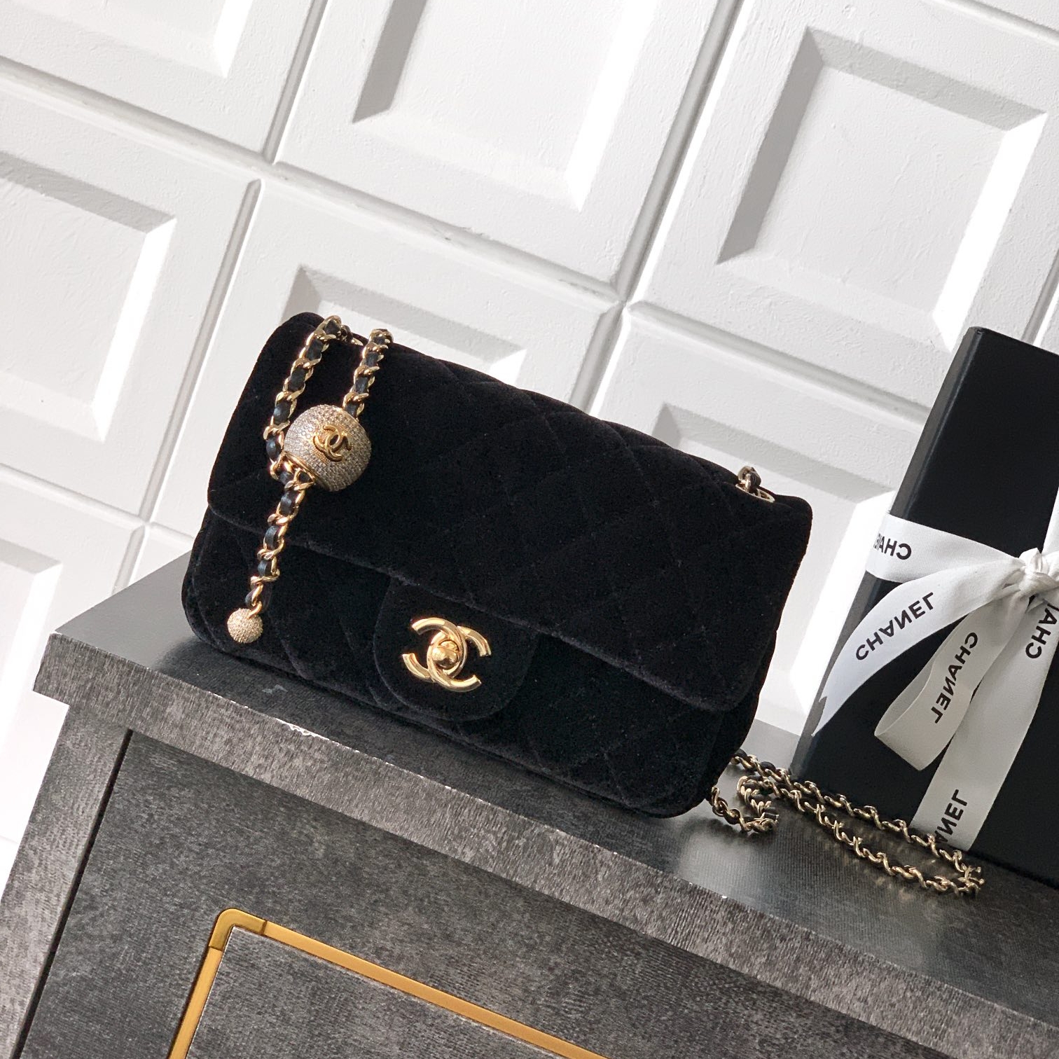 Chanel CF 25B velvet Ball chain bag Rectangular Mini Black