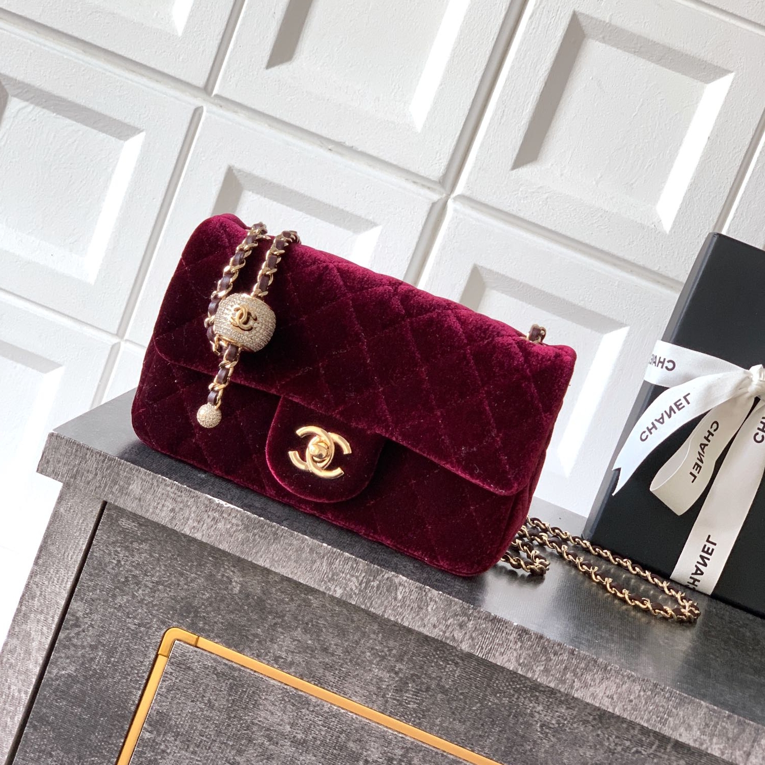 Chanel CF 25B velvet Ball chain bag Rectangular Mini Wine Red