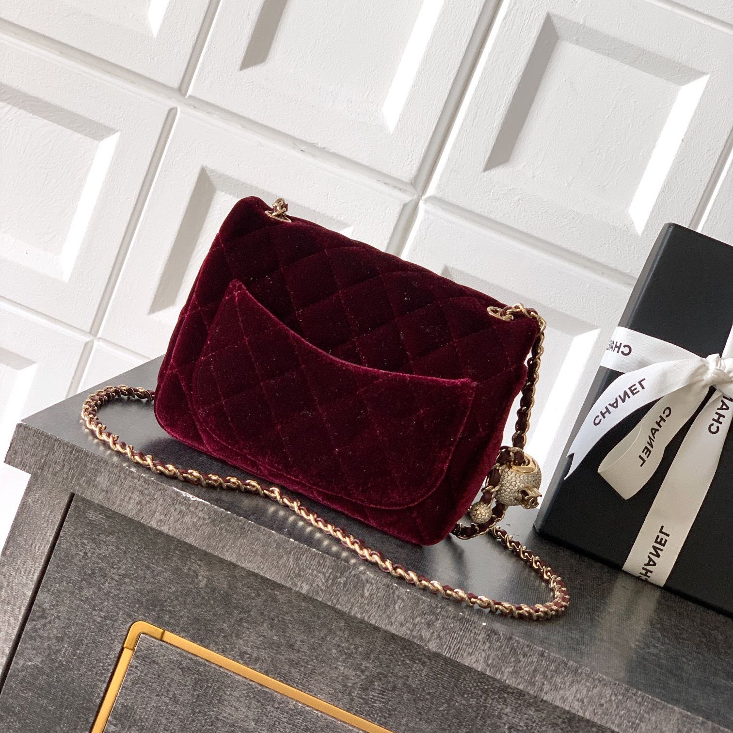 Chanel CF 25B velvet Ball chain bag Square Mini Wine Red