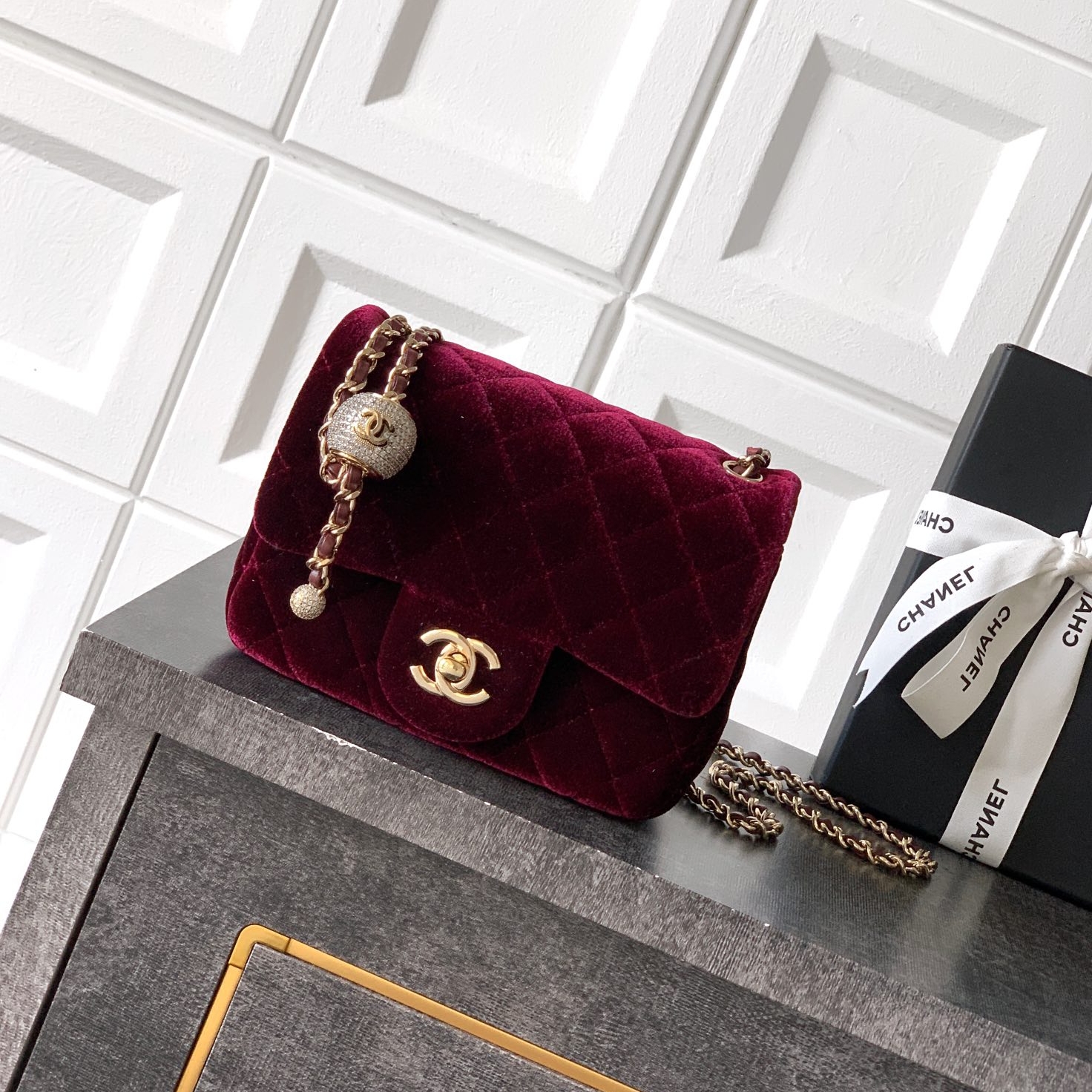 Chanel CF 25B velvet Ball chain bag Square Mini Wine Red