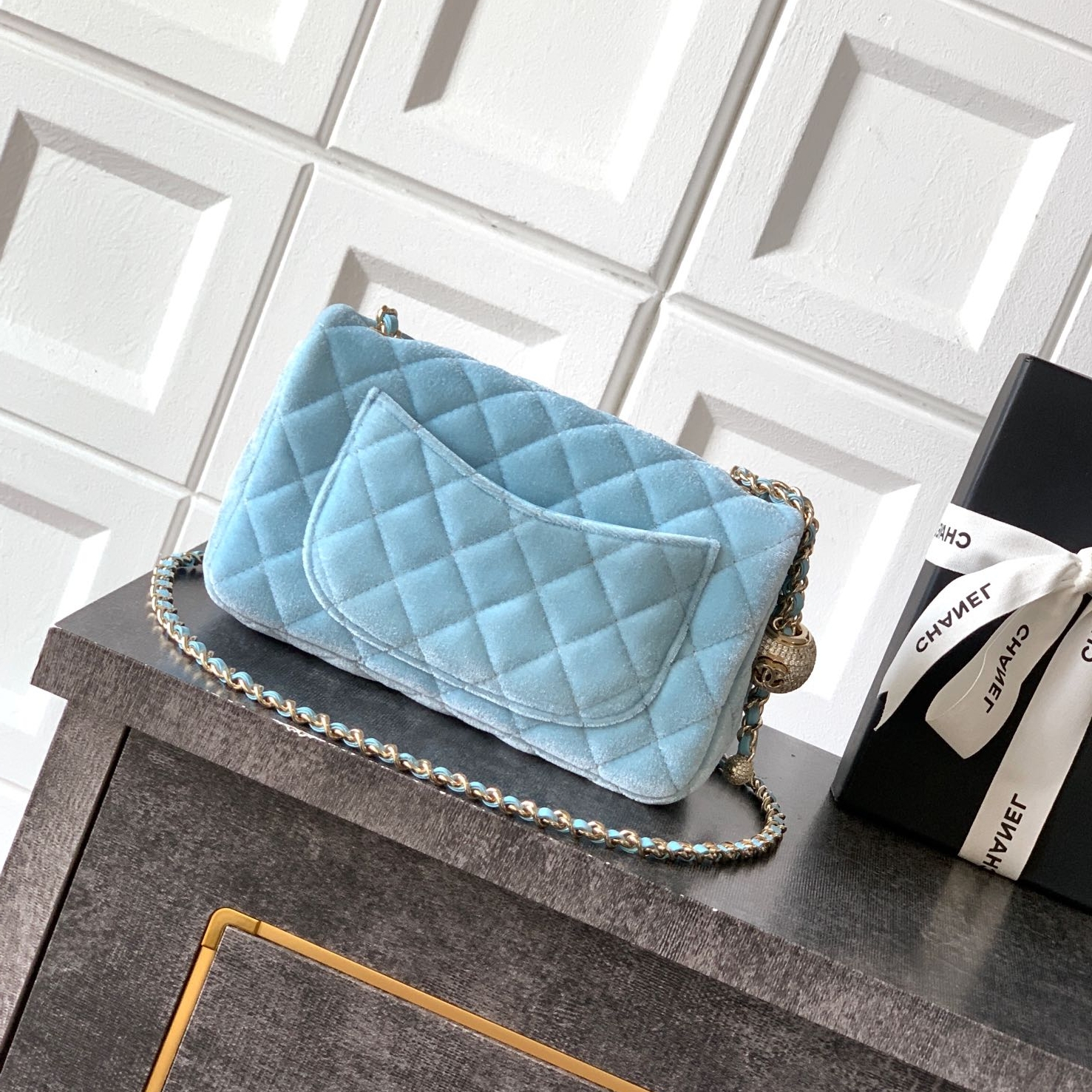 Chanel CF 25B velvet Ball chain bag Rectangular Mini Blue