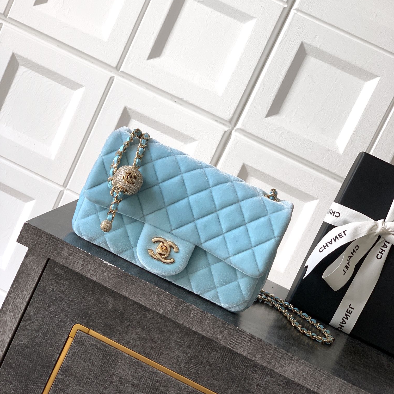 Chanel CF 25B velvet Ball chain bag Rectangular Mini Blue