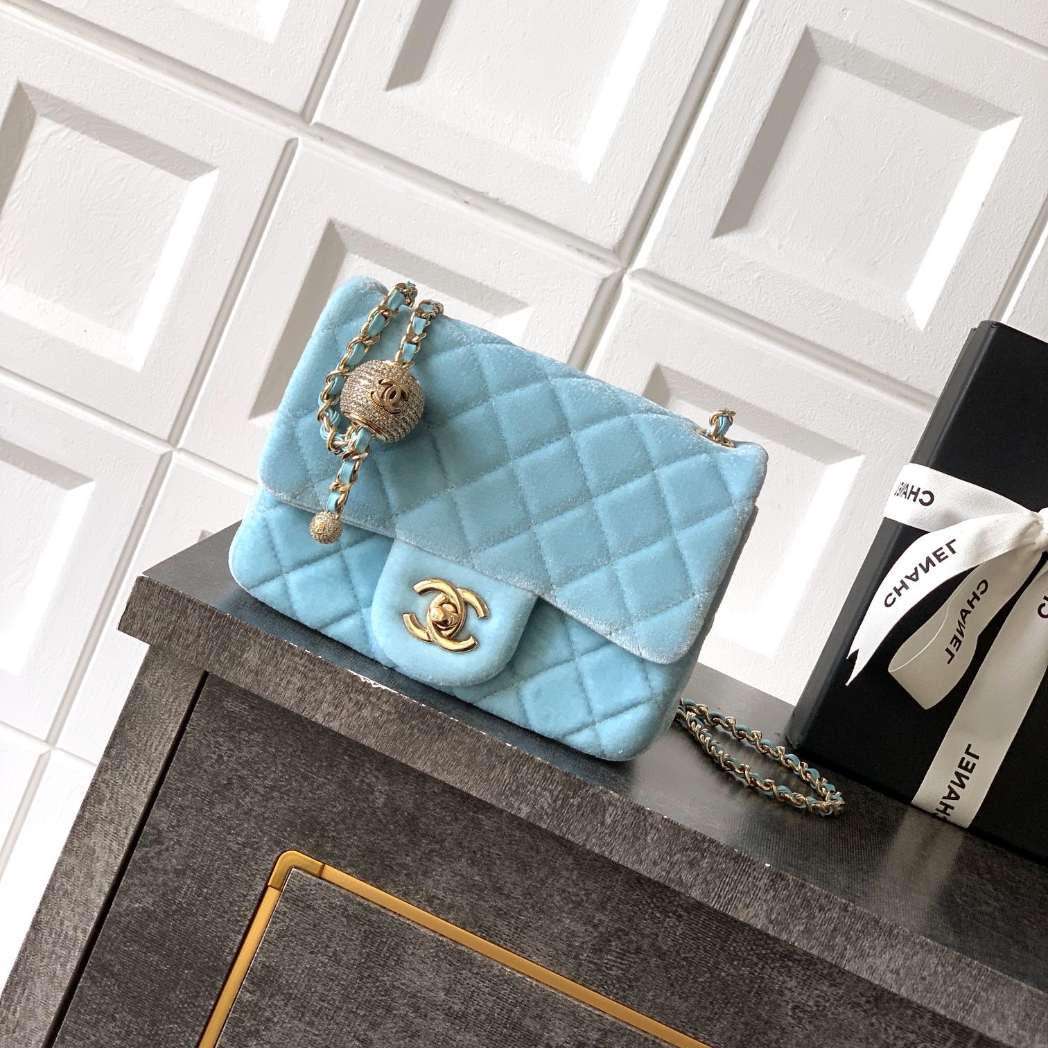 Chanel CF 25B velvet Ball chain bag Square Mini Blue