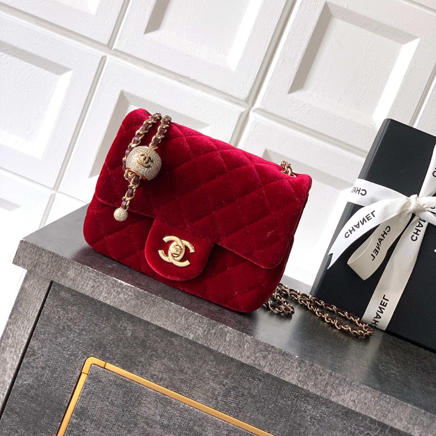 Chanel CF 25B velvet Ball chain bag Square Mini Red