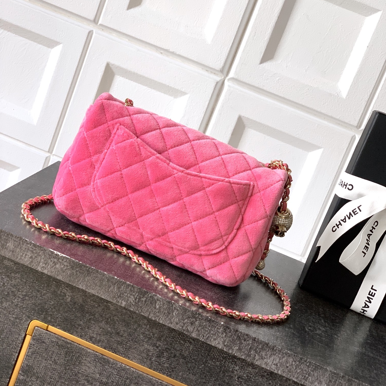 Chanel CF 25B velvet Ball chain bag Rectangular Mini Pink