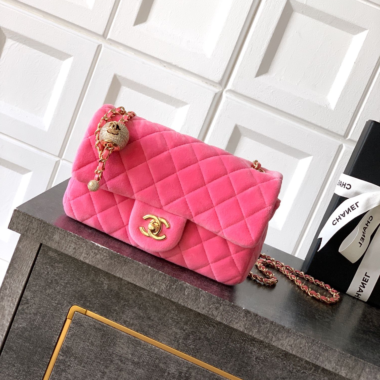 Chanel CF 25B velvet Ball chain bag Rectangular Mini Pink