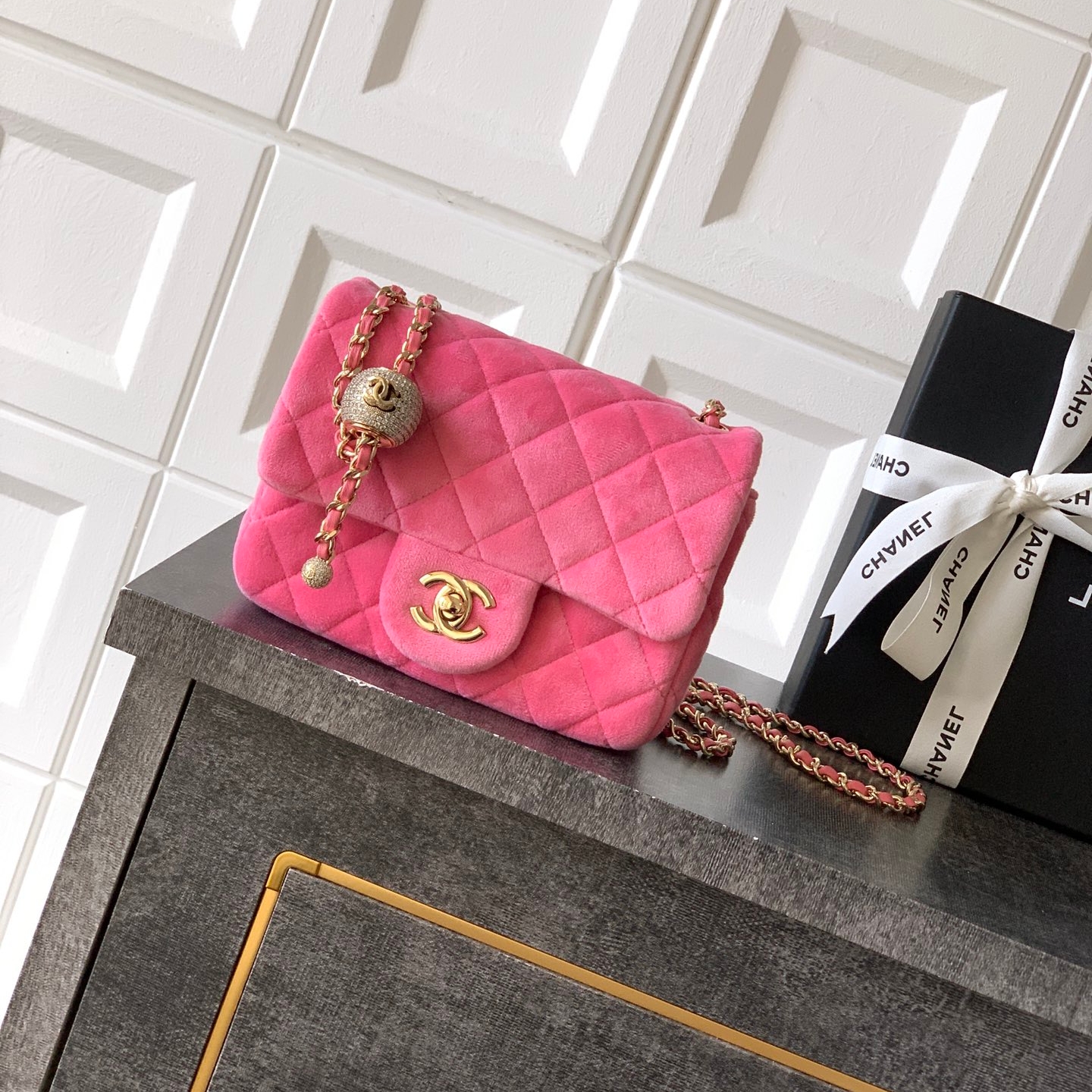 Chanel CF 25B velvet Ball chain bag Square Mini Pink