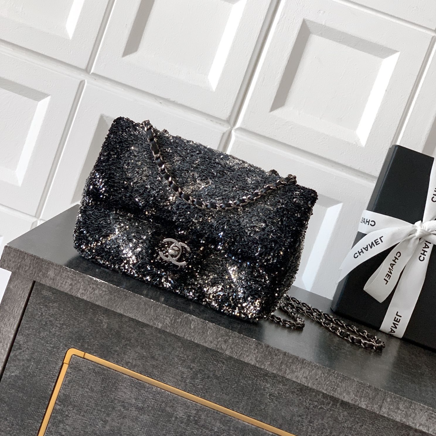 Chanel CF 25B glitter chain bag Rectangular Mini Black