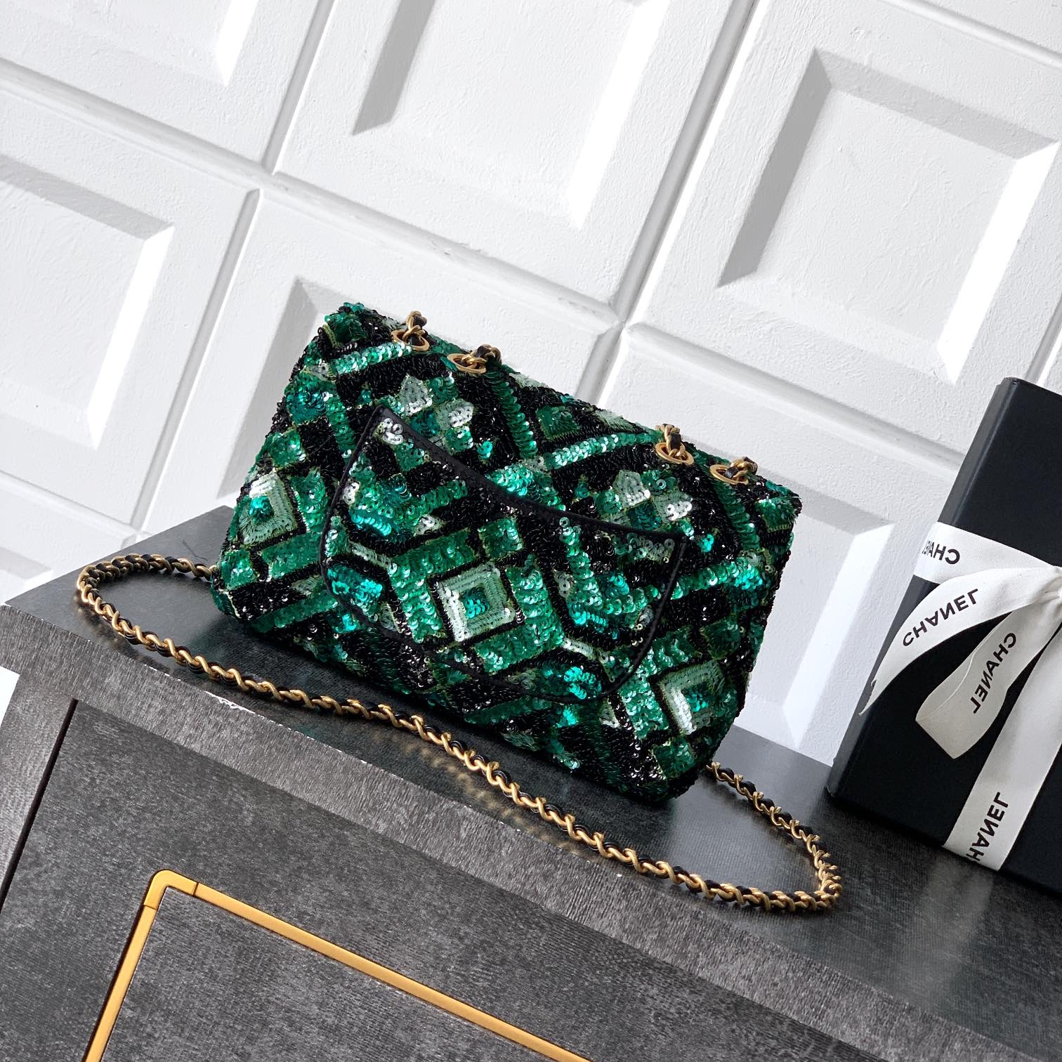 Chanel CF 25B glitter chain bag Rectangular Mini Green