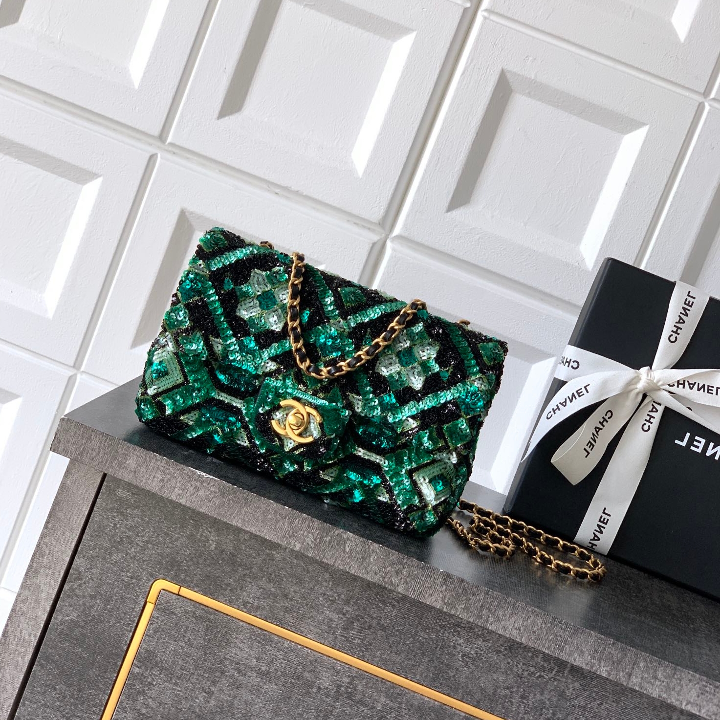 Chanel CF 25B glitter chain bag Rectangular Mini Green