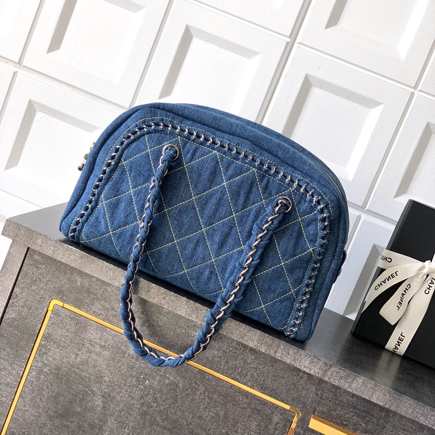 Chanel vintgae bowling bag Blue Silvery