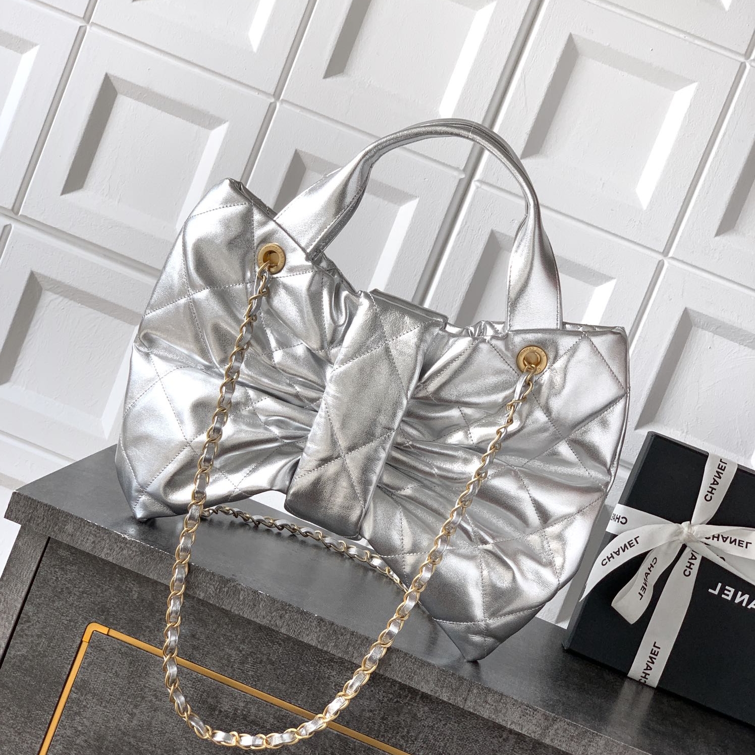 Chanel 25k bow sheepskin Hand Bag silvery Large size