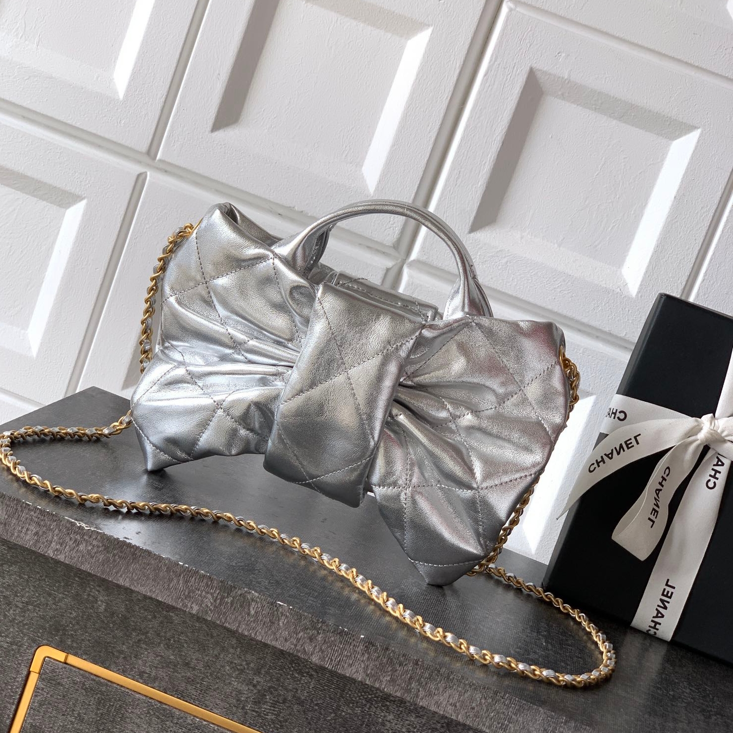 Chanel 25k bow sheepskin Hand Bag silvery Small Size