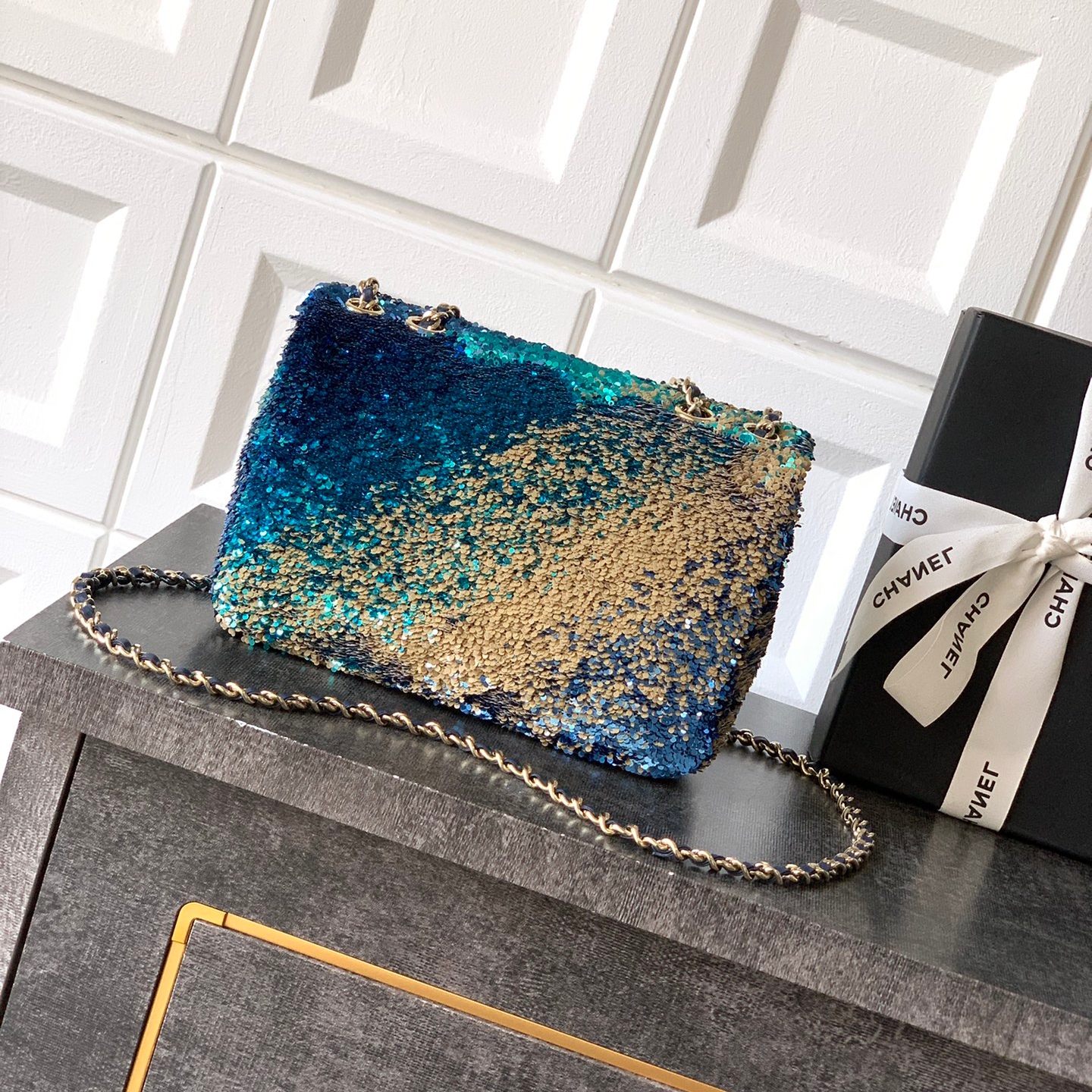 Chanel 25P CF  glitter chain bag Blue