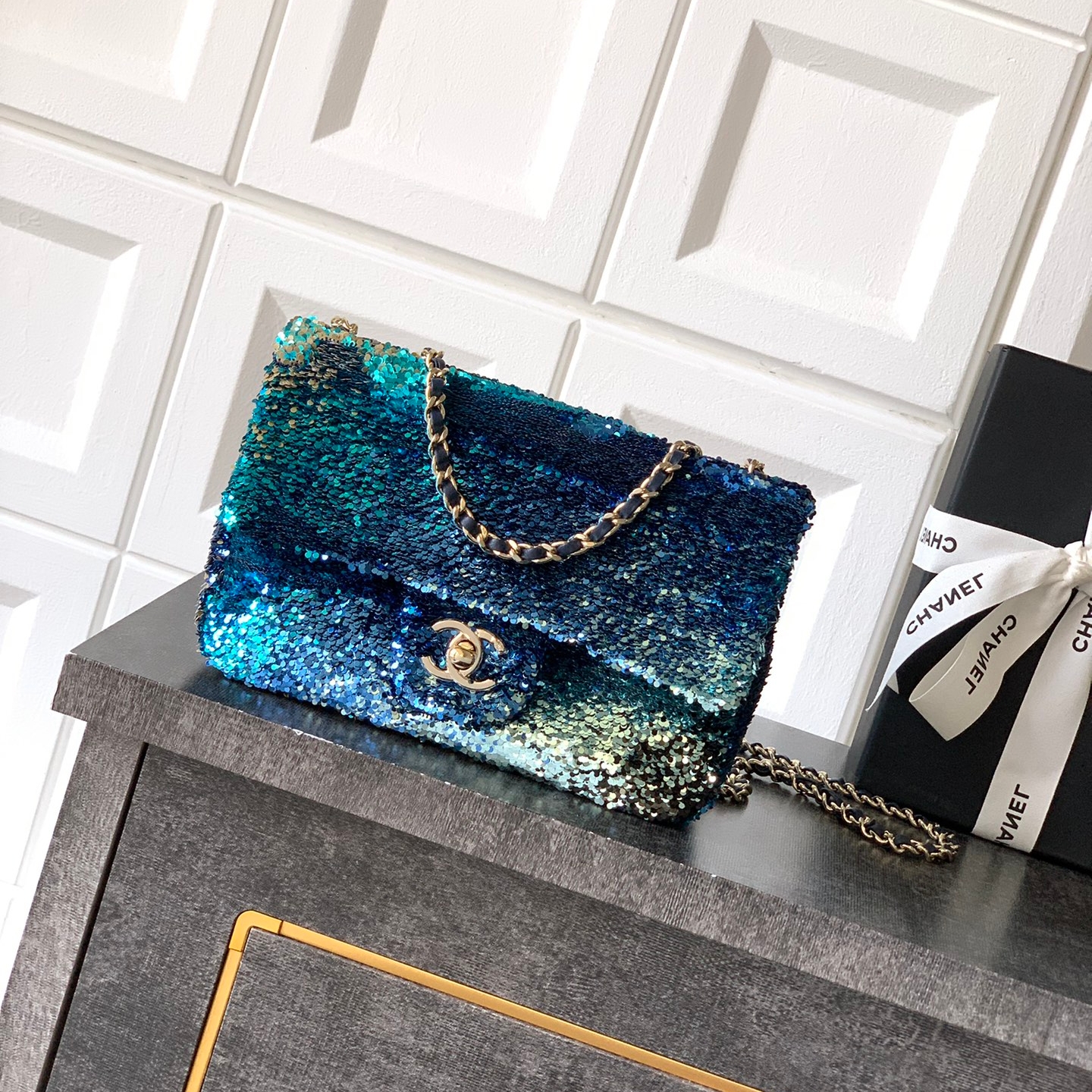 Chanel 25P CF  glitter chain bag Blue