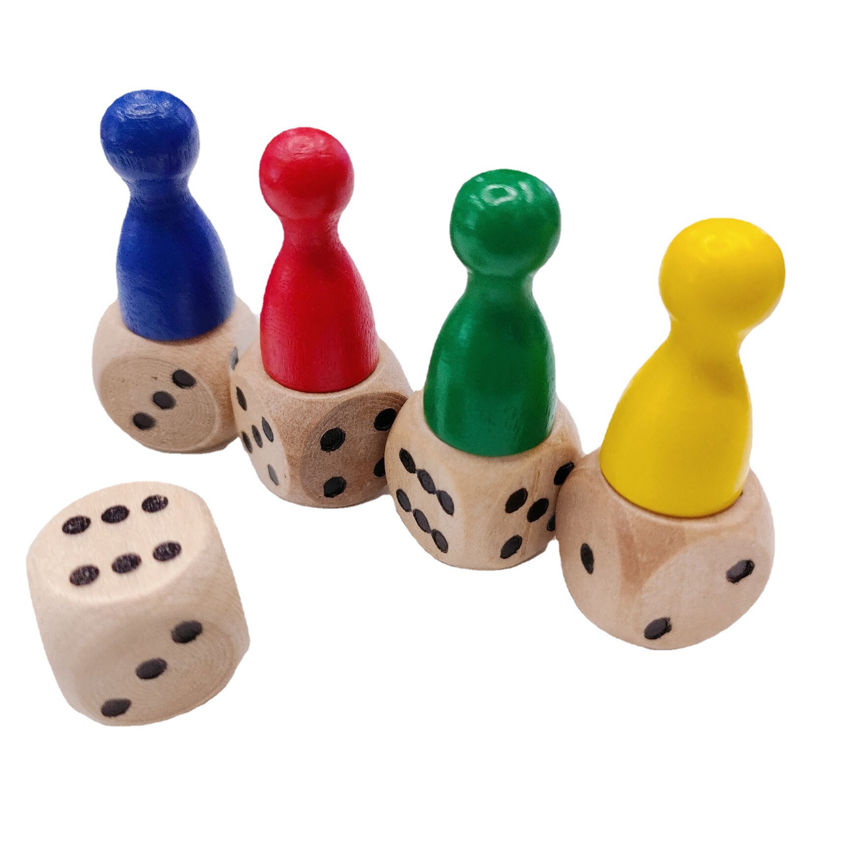 Wooden chess pieces, wooden dice, human checkers, board game accessories.