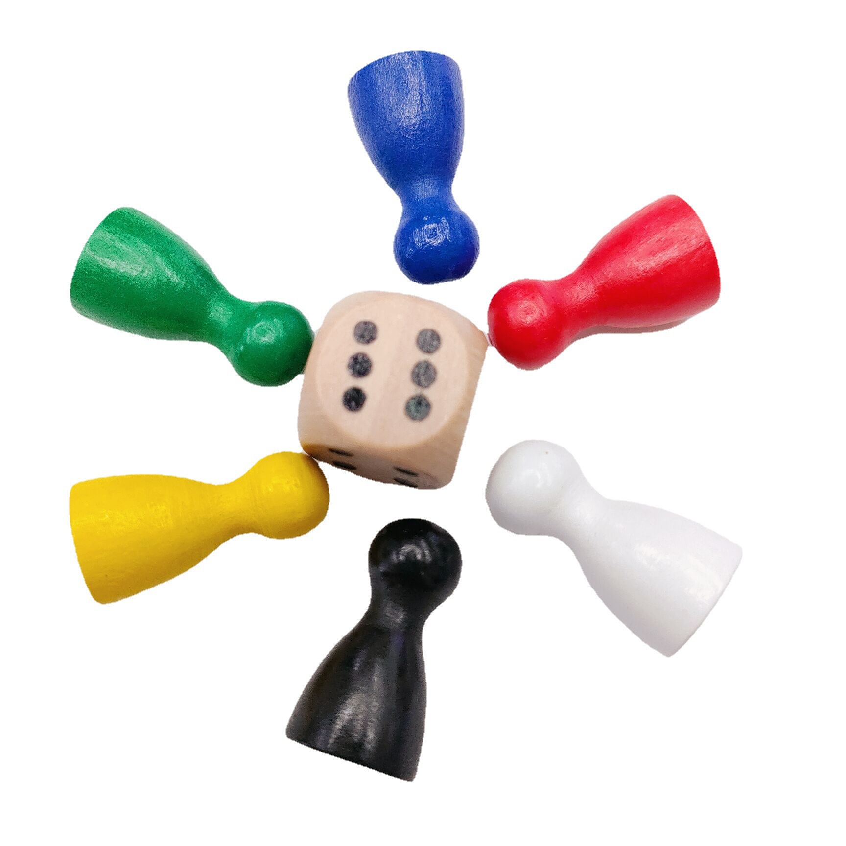 Wooden chess pieces, wooden dice, human checkers, board game accessories.