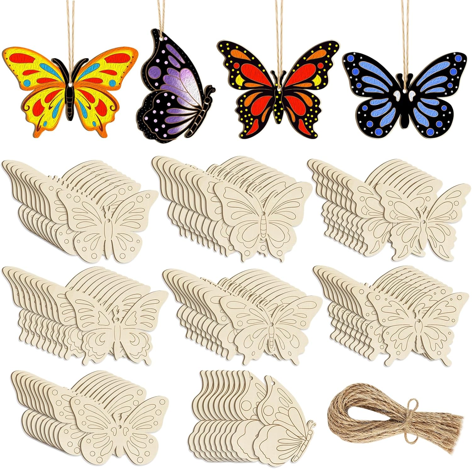 80PCS Wooden Spring Ornaments to Paint Butterfly Cutouts, 8 Styles DIY Blank Unfinished Wood Butterfly Cutouts Ornament for Home Crafts Hanging Decorations