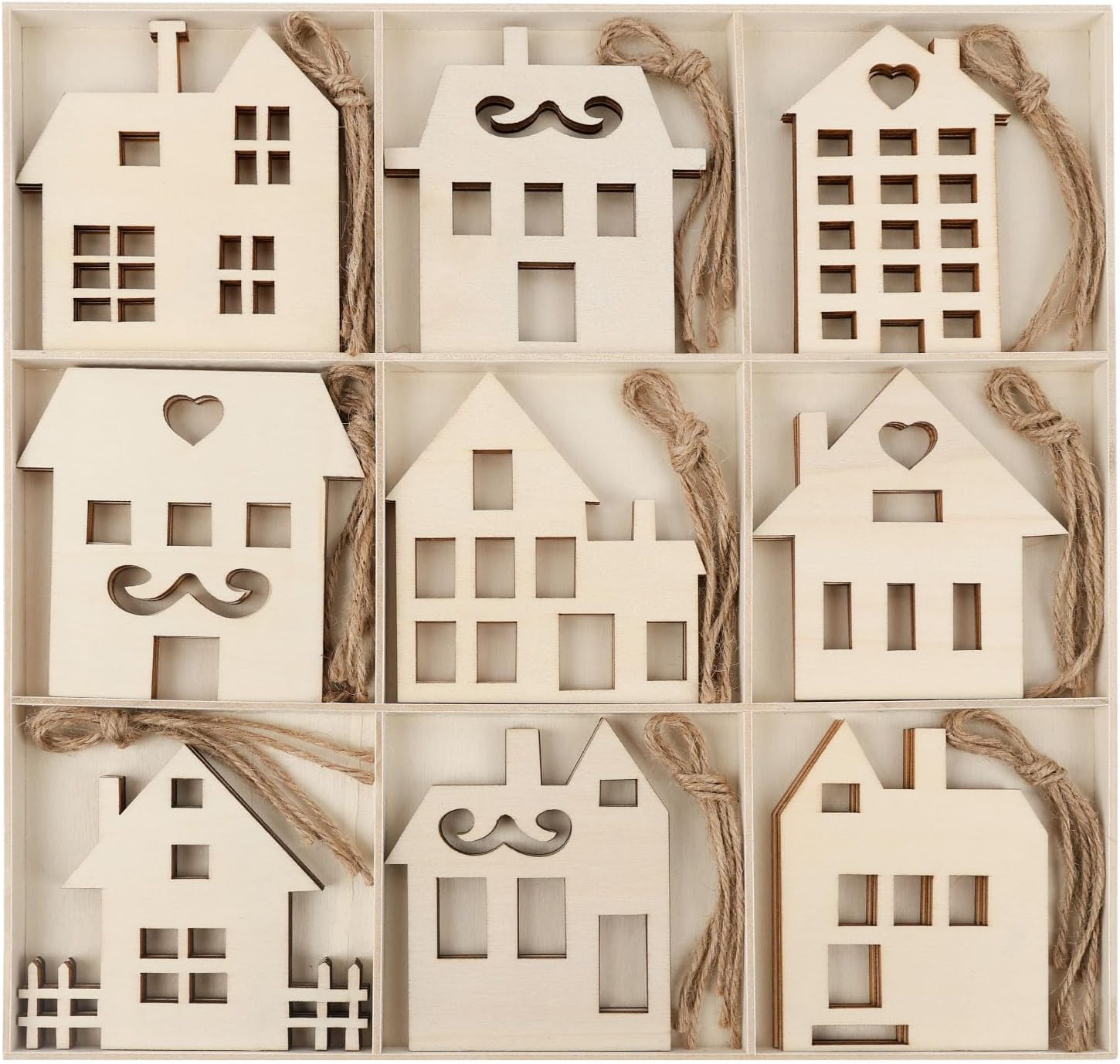 27PCS Wooden Christmas Ornaments Unfinished Predrilled Natural Wood Slices DIY Blank Hanging Ornaments Kit for Crafts Centerpieces frame house Decorations, 9 Styles