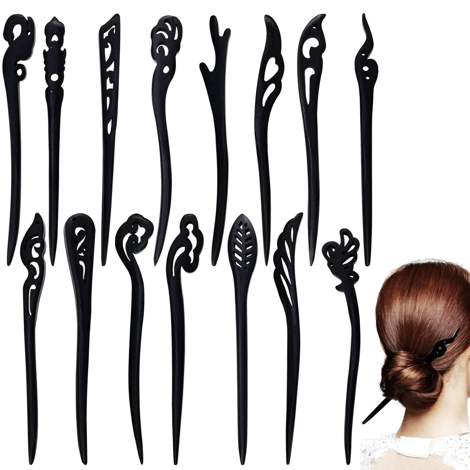 15 PCS Hair Sticks Chopsticks Chinese Pins for Women's Long Hair - Handmade Chignon Maker, Retro Sandalwood Barrettes & Accessories (15 Styles)