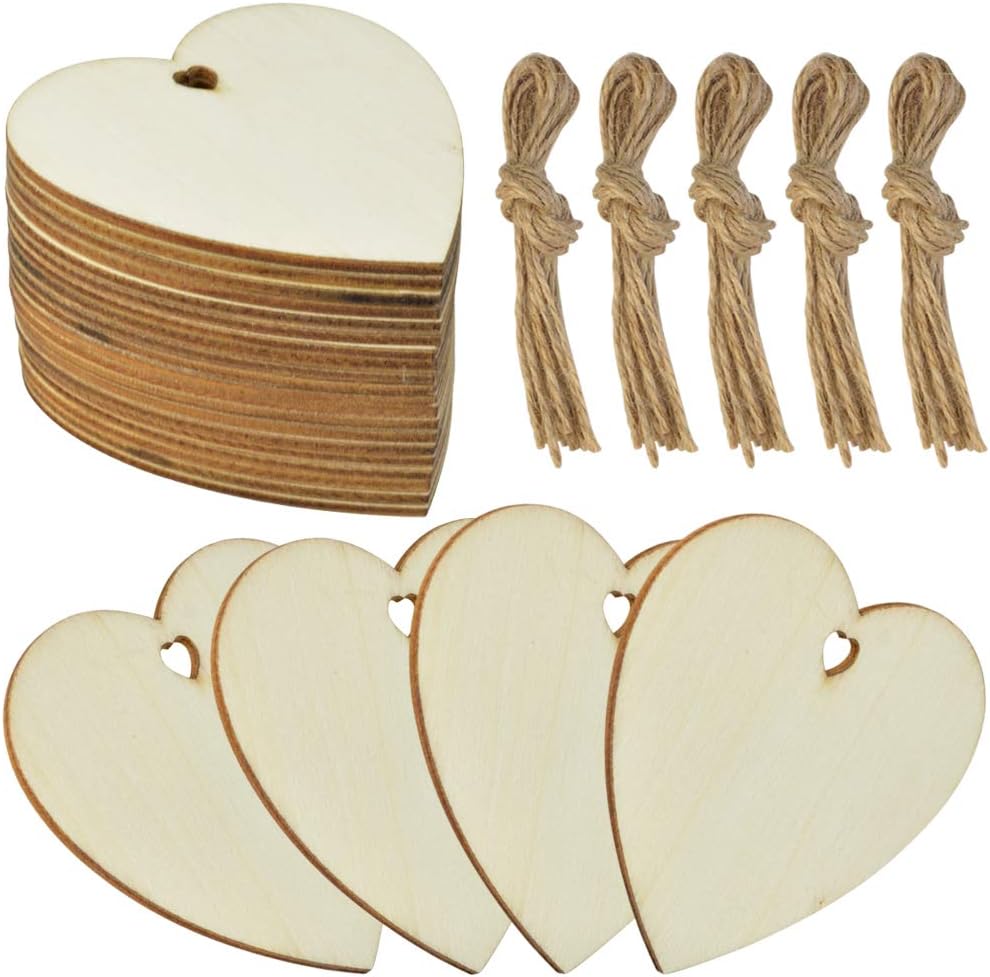 50 Pieces 3 Inch Natural Heart Wood Slices, DIY Wooden Ornaments Unfinished Predrilled Heart Embellishments with Twine for Wedding, Thanksgiving, Christmas