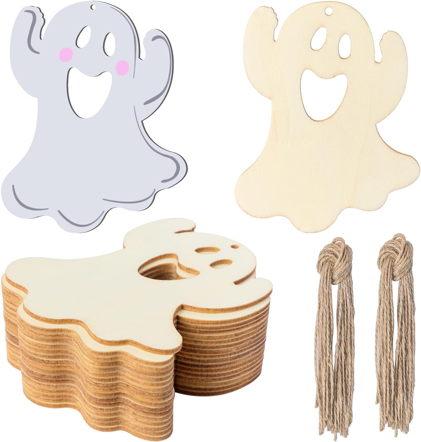 Ghost Wooden Halloween Blank Wood with Twines Art Unfinished Ornaments for Christmas Wedding Birthday Party Halloween Thanksgiving Day Decoration 20Pcs