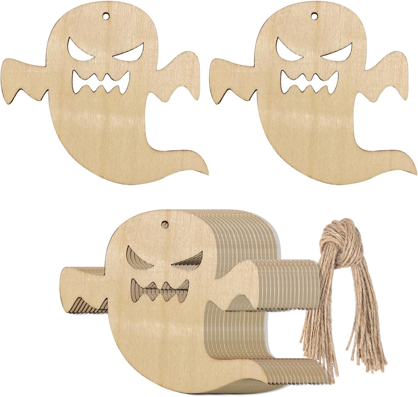 Ghost Wooden Halloween Blank Wood with Twines Art Unfinished Ornaments for  Party Halloween Thanksgiving Day Decoration 20Pcs