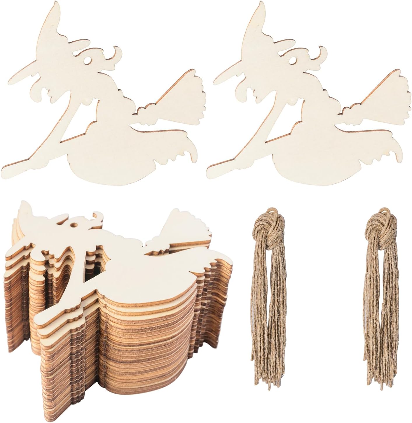 Witch Wooden Halloween Blank Wood with Twines Art Unfinished Ornaments for Christmas Wedding Birthday Party Halloween Thanksgiving Day Decoration 20Pcs