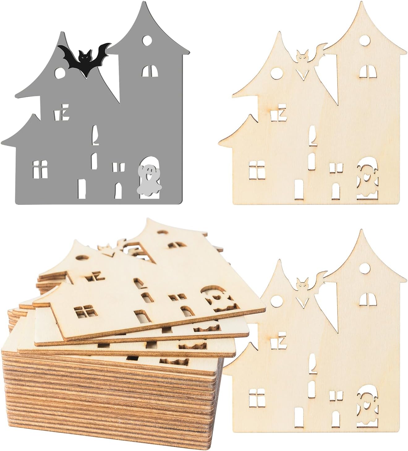 Halloween Blank Spook House Wood Haunted House Wood Ghost Wooden with Twines Art Unfinished Ornaments for Christmas Wedding Birthday Party Halloween Thanksgiving Day Decoration 20Pcs