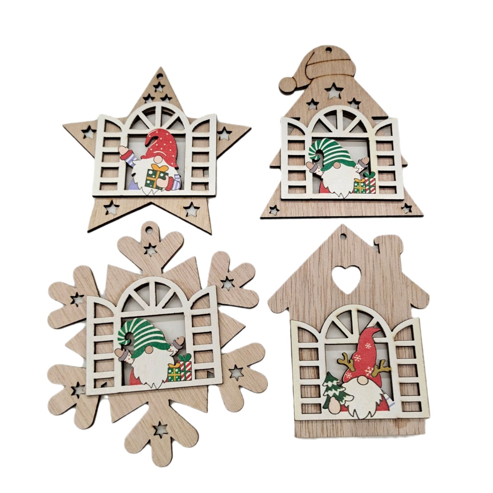 4 pcs Christmas Wooden Gnome Ornaments, 4 Styles Star/Snowflake/Tree/House Hanging Decorations, Festive Wood Craft for Xmas Tree, Home, Office Holiday Decor