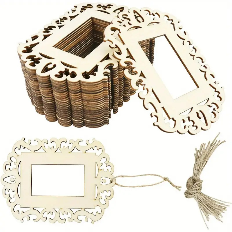 12 Pack Unfinished Wooden Picture Frames for Crafts and DIY Ornaments for Christmas Tree, Includes Jute Rope (4.3 x 5.8 x 0.1 In)