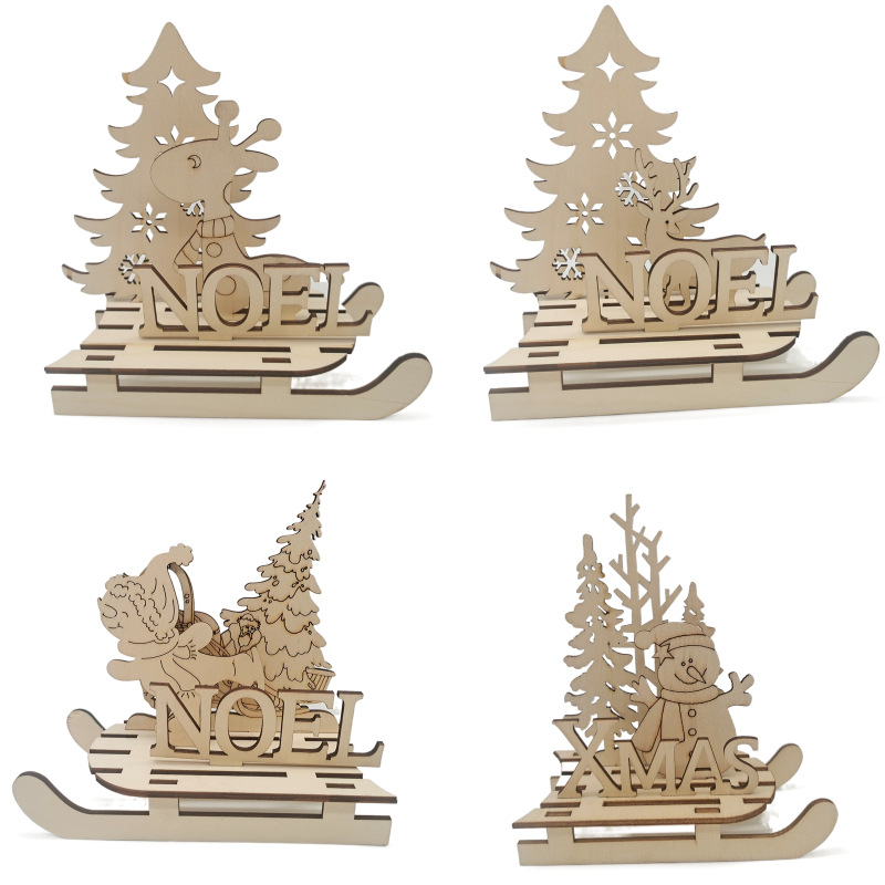 Unfinished Wooden Sled Christmas Tree with Reindeer, for DIY Hand Painting Crafts, 3D puzzle Christmas Tabletop Ornament 