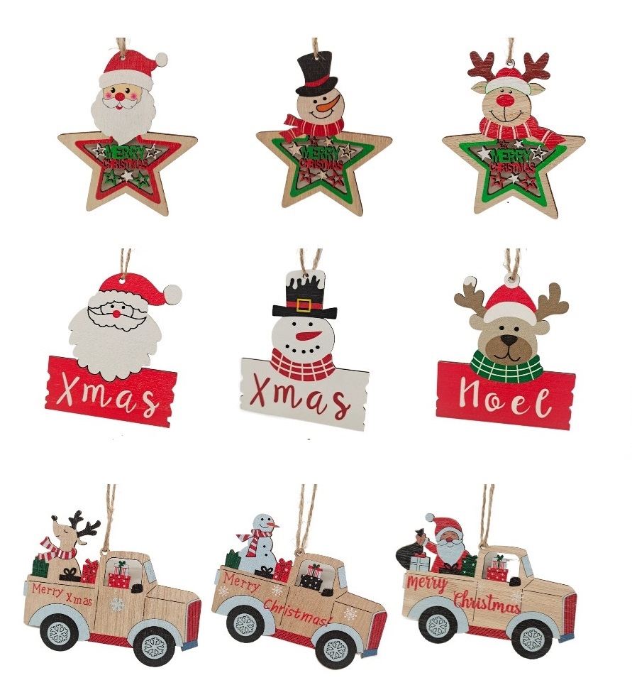 9 styles Christmas Wooden Hanging Ornament Set, Red Christmas Truck Ornaments, Wooden Christmas Snowman and Santa Claus Ornaments Decors for Christmas Tree Crafts Home Party