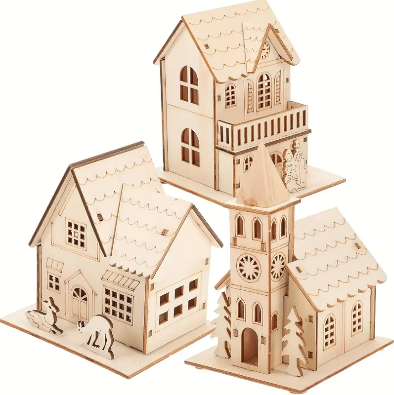 3pcs Christmas Luminous Wooden Houses Led Light up Xmas Village Houses Mini Wooden House for Christmas Tree Window Kid Bedroom Decorations