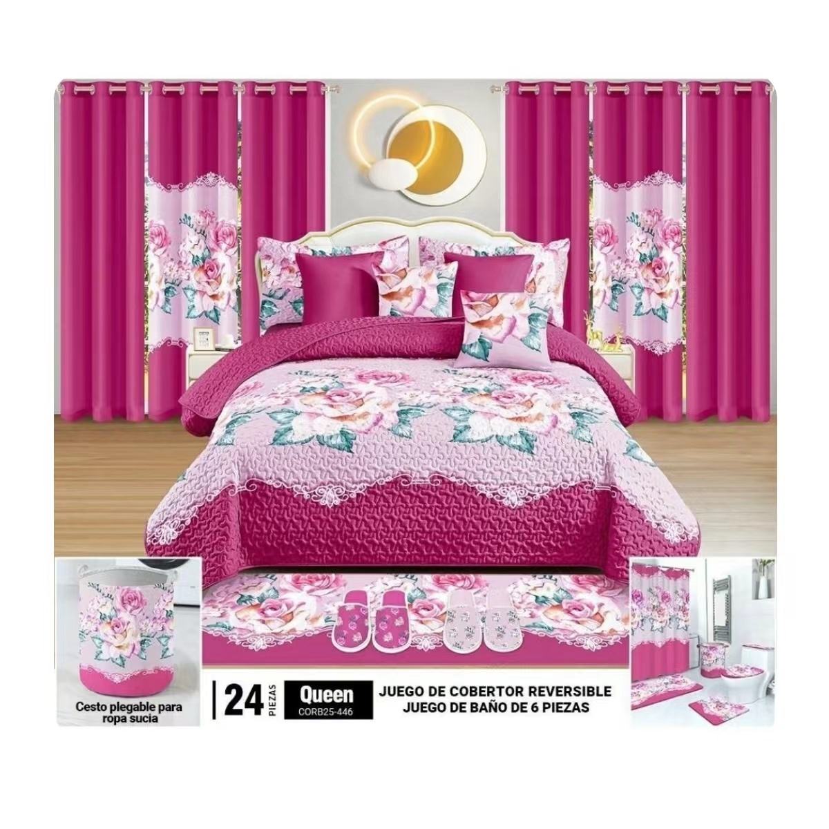 China Factory 24 Pieces Quilted Bedspread with Curtain and Bathroom Set king Size Customized 24pcs Set Bedspread Fabric