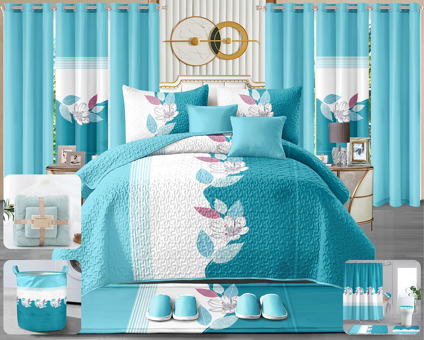 24 Pieces in 1 Set, Bedspread with Curtains, King size