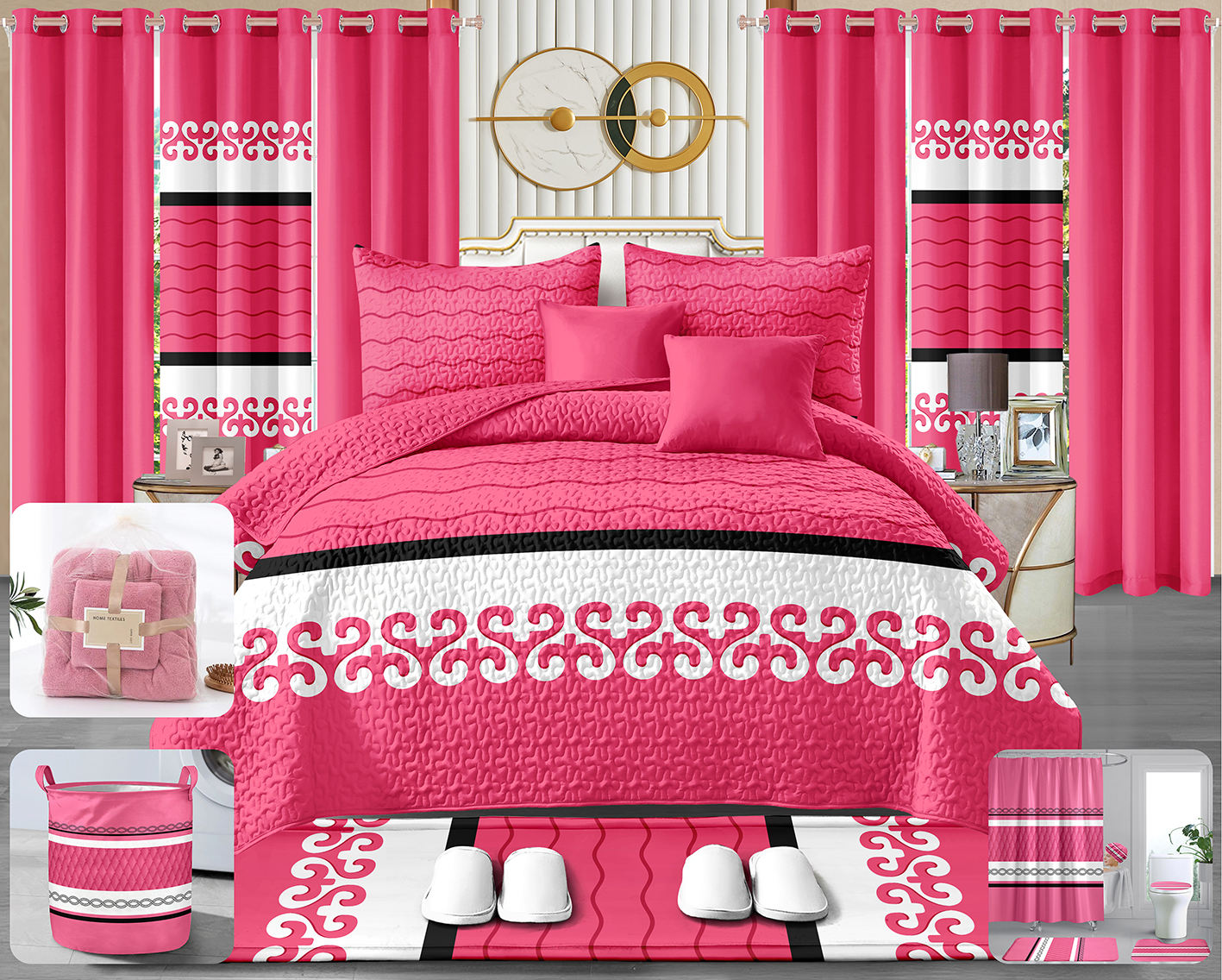 24 Pieces Quilted Bedspread with Curtain and Bathroom Set king Size Customized 24 pcs Set Bedspread Fabric